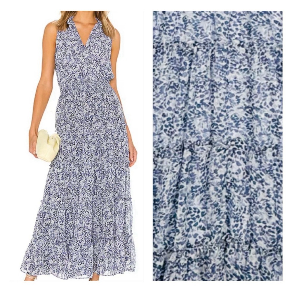 1.STATE Tiered Maxi Dress White Blue Floral Sleeveless Boho Cottage Core XL